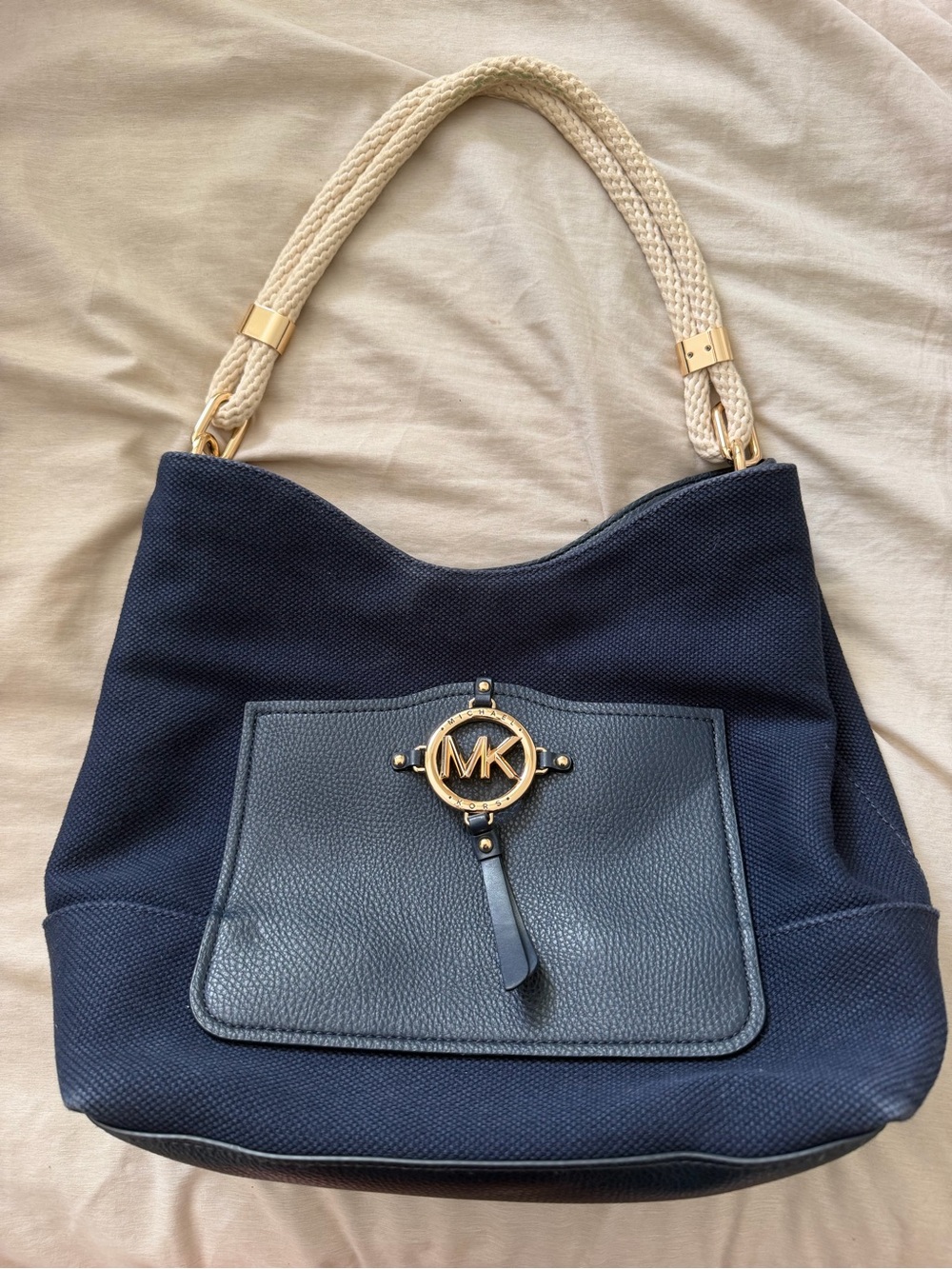 Michael Kors Navy Canvas & Leather Shoulder Bag with Cream Rope Handles